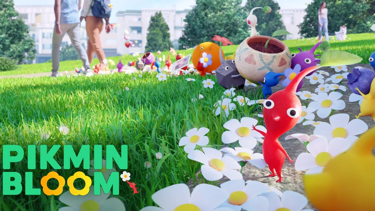verschillende Pikmin met bloemen op een wandelpad